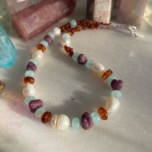 Amber, Ruby, Pearl Beaded Gemstone Necklace